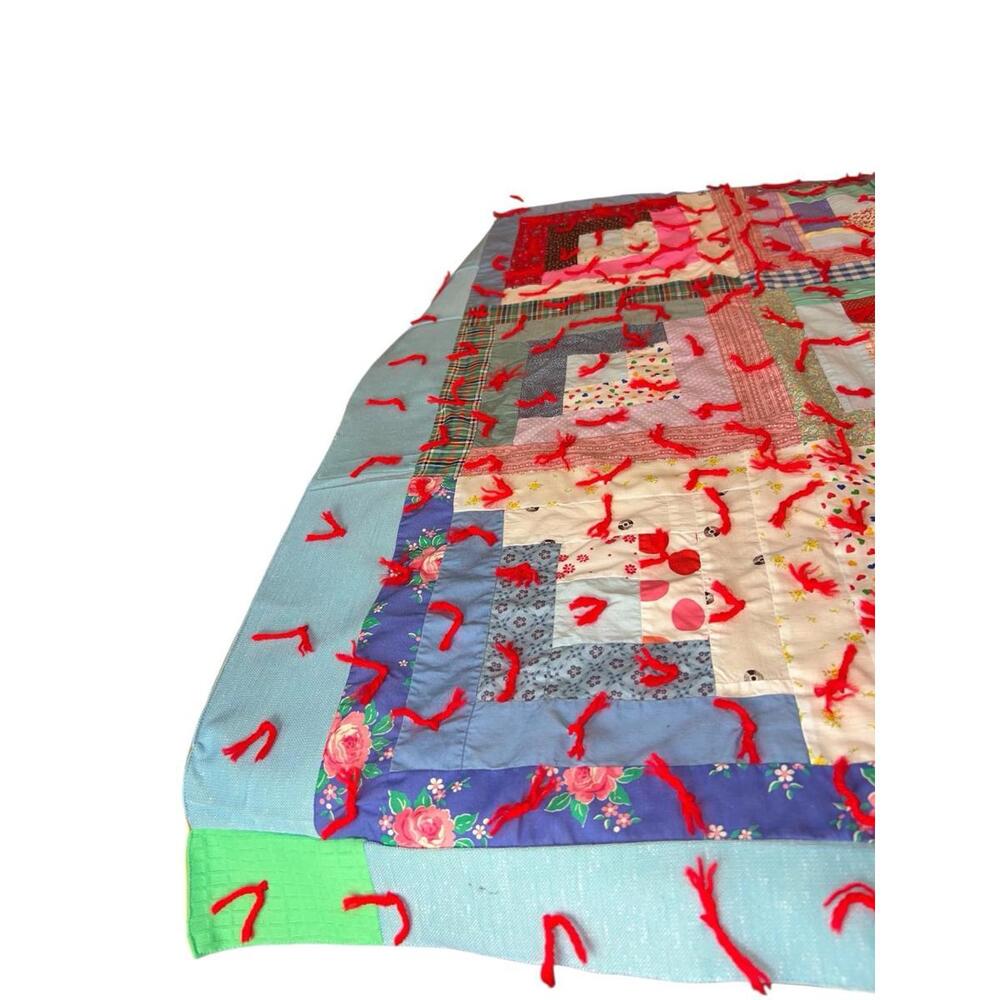 Vintage Handmade Patchwork Tied‎ Multicolor 42x32 Cottagecore Quilt Throw